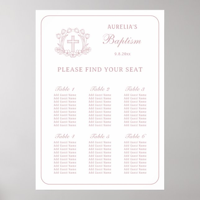 Simple Floral Pink Cross Baptism Seating Chart (Front)