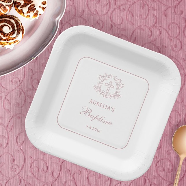 Simple Floral Pink Cross Baptism Square Paper Plate (Creator Uploaded)