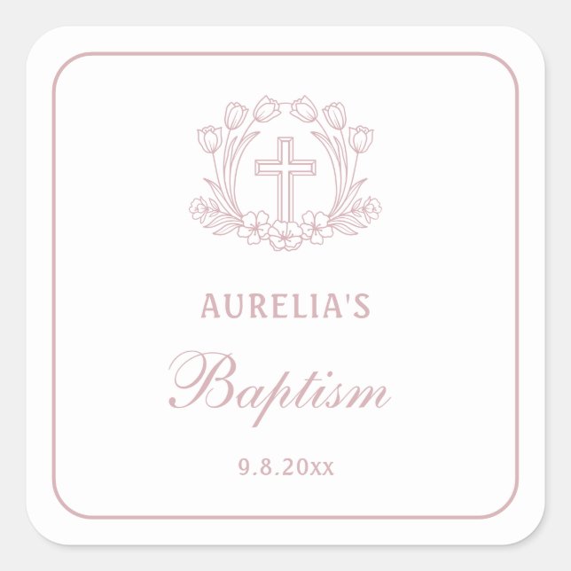 Simple Floral Pink Cross Baptism Square Sticker (Front)