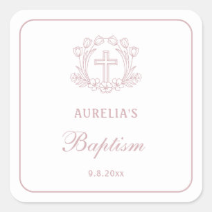 Simple Floral Pink Cross Baptism Square Sticker