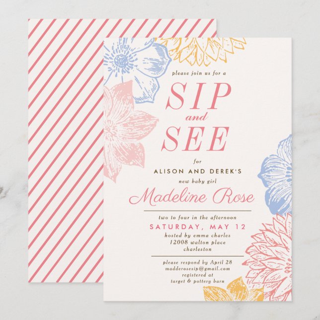 Simple Floral Pink Girl Sip and See Baby Shower Invitation (Front/Back)