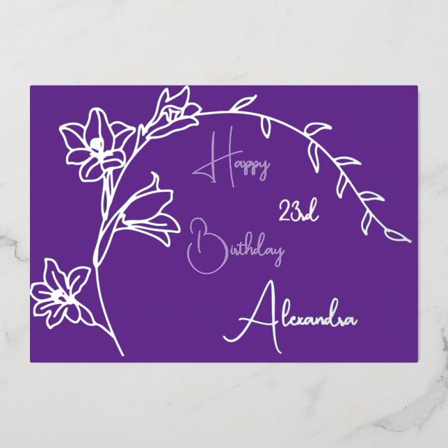 Simple Floral Purple & Silver Aged Birthday (Front)