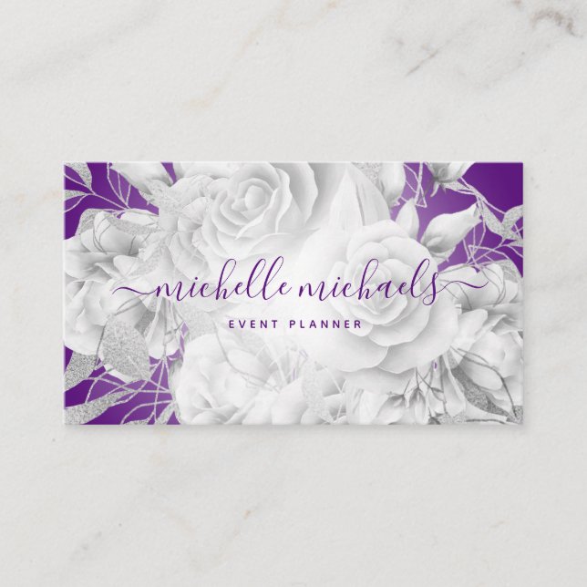 Simple Floral Purple & Silver Modern Script Business Card (Front)