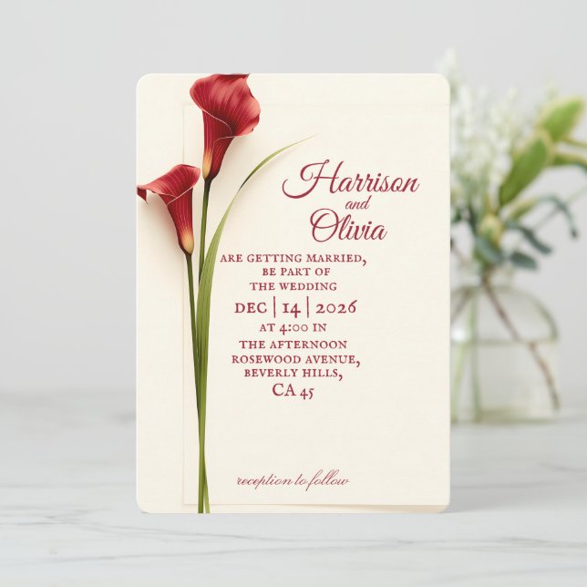 Simple Floral Red Calla Lily Wedding Invitation (Standing Front)