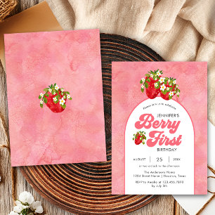 Simple Floral Red Strawberry Berry First Birthday Invitation