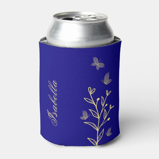 Simple floral royal blue can cooler (Can Front)