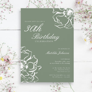 Simple Floral Sage 30th Birthday Party Invitation