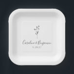 Simple Floral Script White Boho Wedding Custom Paper Plate<br><div class="desc">Simple Botanical Script Black and White Wedding Custom Paper Plates</div>