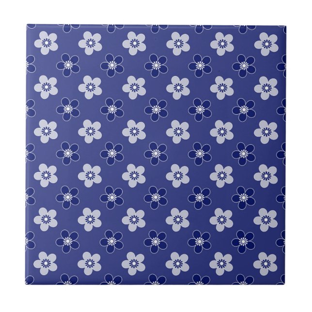 simple floral solid blue pattern retro small flowe tile (Front)