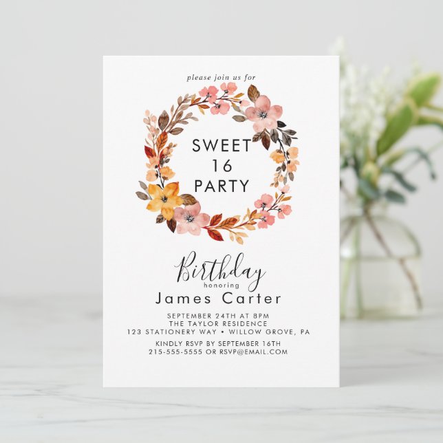 Simple Floral Sweet 16 Birthday Invitation (Standing Front)