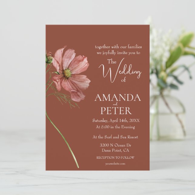 Simple Floral Terracotta Wedding  Invitation (Standing Front)
