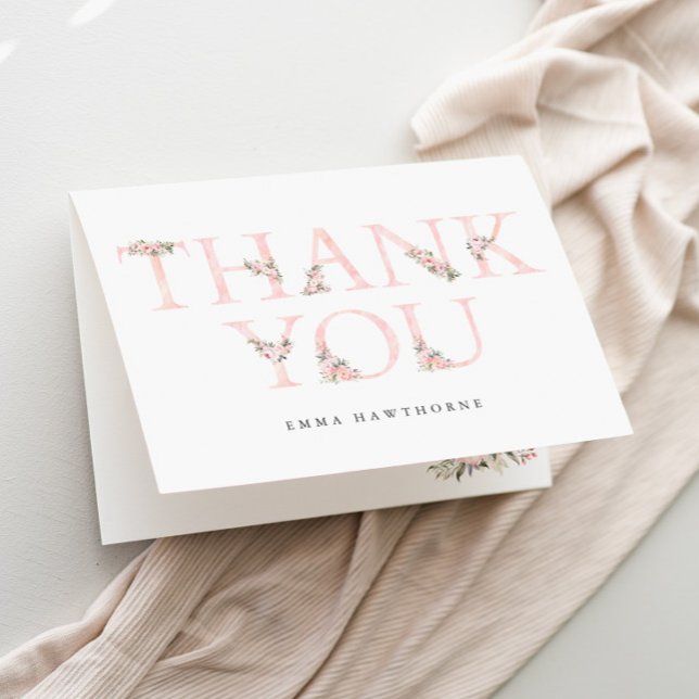 Simple Floral Typography Pink Baby Shower Thank You Card (Elegant Floral Typography Pink Baby Shower Thank You Cards.)