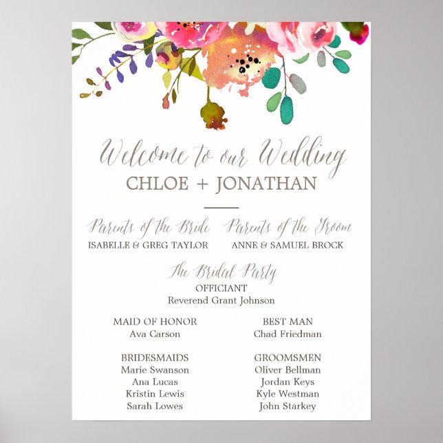 Simple Floral Watercolor Bouquet Wedding Program Poster (Front)