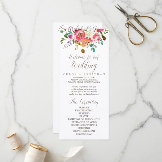 Simple Floral Watercolor Bouquet Wedding Program Programme (Front/Back In Situ)