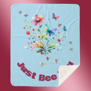 Simple Floral Watercolor Monogram Bee on blue  Sherpa Blanket