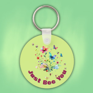 Simple Floral Watercolor Monogram Bee on green   Key Ring
