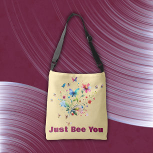 Simple Floral Watercolor Monogram Bee on peach Crossbody Bag