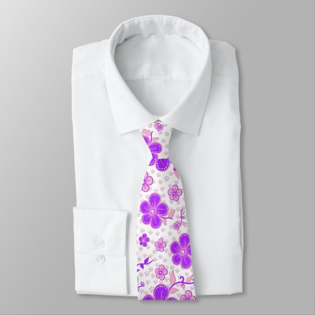 Simple Floral Watercolor Print Purple and Pink Tie (Tied)