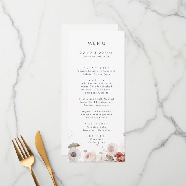 Simple Floral Wedding Dinner Menu (Front/Back In Situ)
