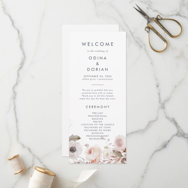 Simple Floral Wedding Program Programme (Front/Back In Situ)