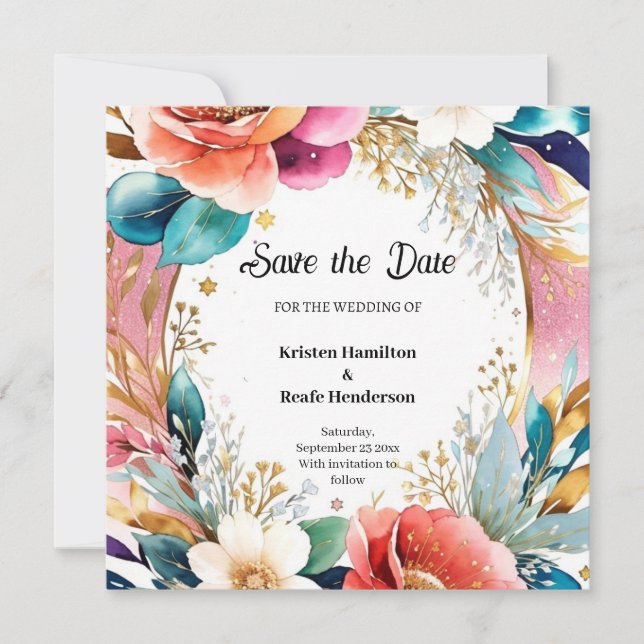 Simple Floral Wedding Save the Date Card (Front)