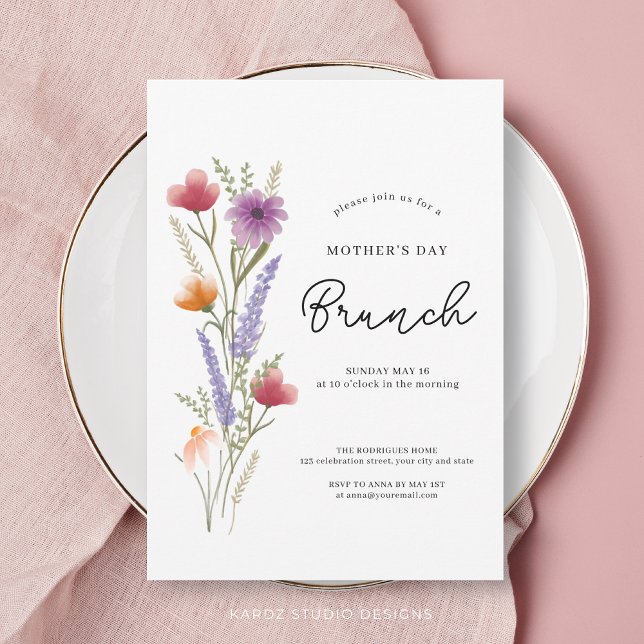 Simple Floral Wildflower Mothers Day Brunch Invitation (This brunch invitation is shown in a 5x7 in. size with square corners. Personalize for Mothers Day.)
