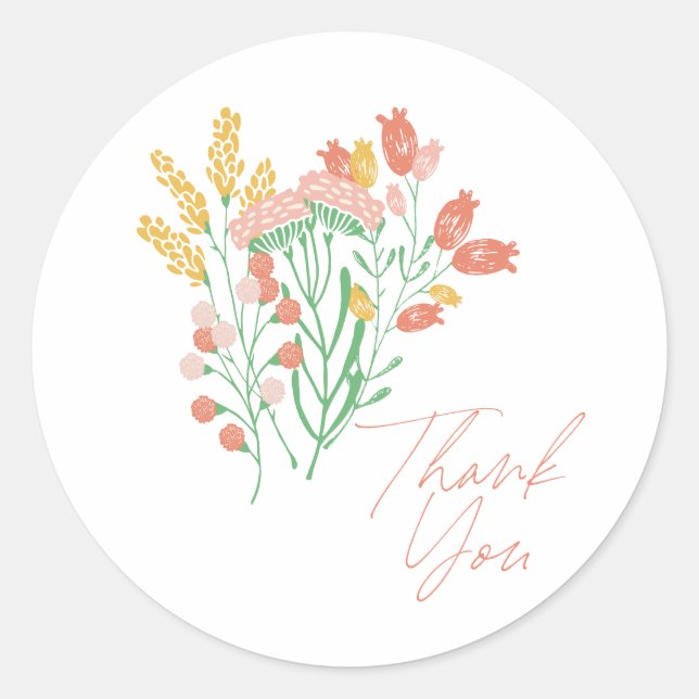 Simple Floral Wildflowers Coral Yellow Thank You Classic Round Sticker (Front)