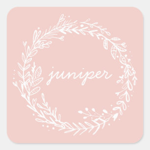 Simple floral wreath initial birth announcement square sticker