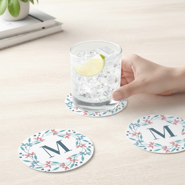 Simple Floral Wreath Monogram Round Paper Coaster (Creator Uploaded)
