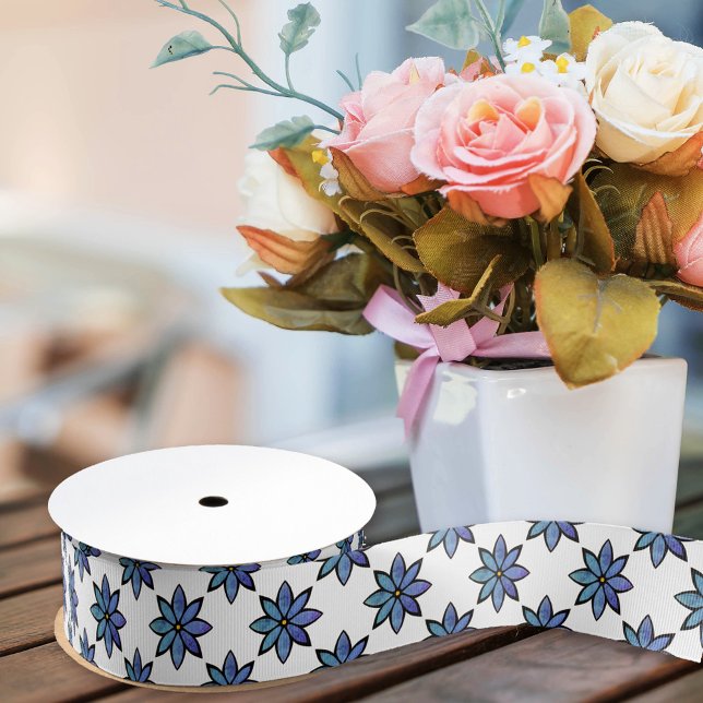 Simple Flower Blue and White Daisy Girly Floral Grosgrain Ribbon (Creator Uploaded)