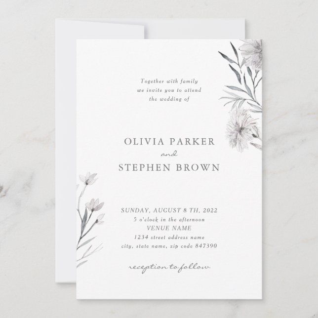Simple flower. Grey White Beautiful Wedding Invitation (Front)