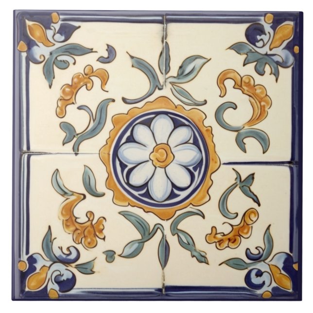 Simple Flower Mediterranean Blue Cream Floral Tile (Front)