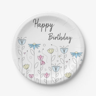 Simple Flower with Happy Birthday Paper Plate