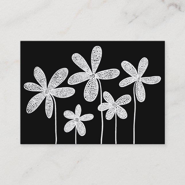 Simple Flowers Drawing - White on Black Business Card (Front)