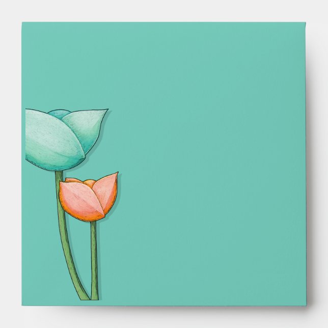 Simple Flowers teal orange inside Square Envelope (Front)