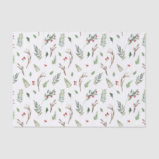 Simple Forest Berry Pinecone Watercolor Christmas Tissue Paper (Front)