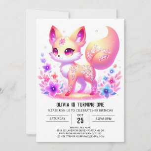 Simple Forest Fox Pastel 1st Birthday Invitation