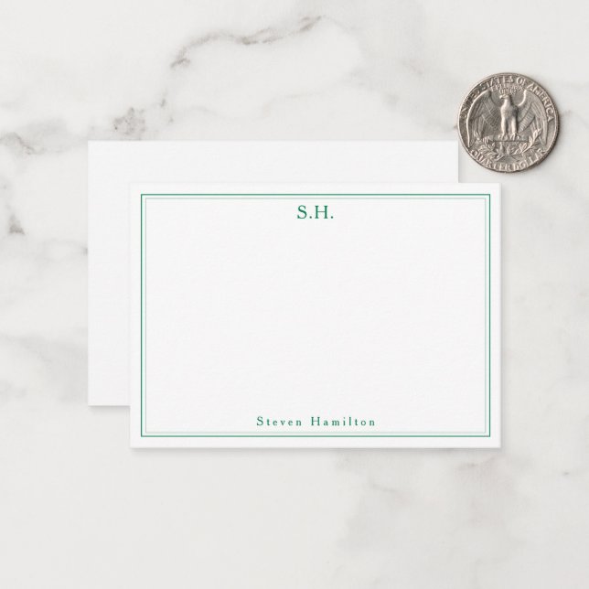 Simple Forest Green 2 Monogram Name Minimal Border Card (Front/Back In Situ)