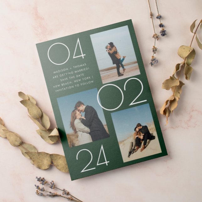 Simple Forest Green 3 Photo Wedding Save The Date Magnetic Invitation (Creator Uploaded)