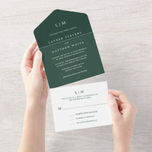 Simple Forest Green Monogram Elegant Wedding All In One Invitation