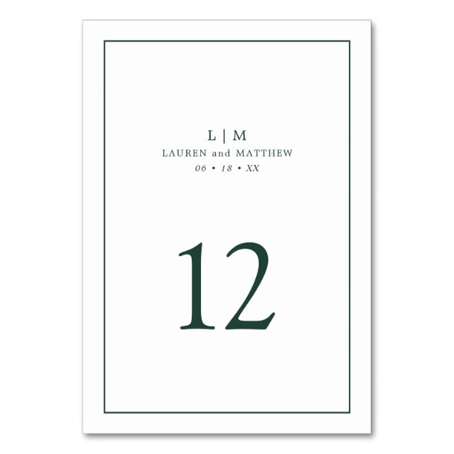 Simple Forest Green Monogram Elegant Wedding Table Number (Front)