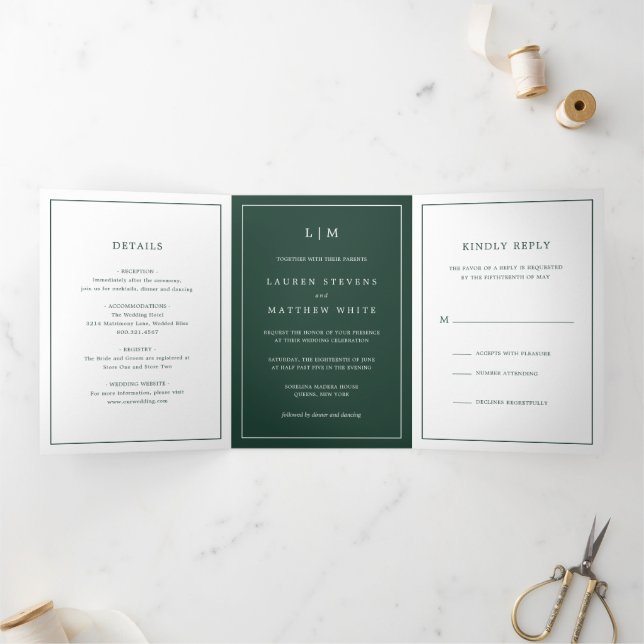 Simple Forest Green Monogram Elegant Wedding Tri-Fold Invitation (Inside)