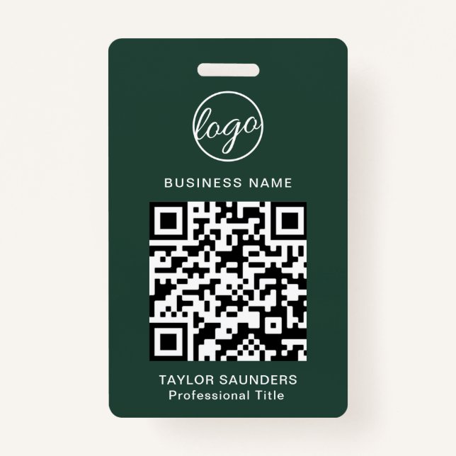 Simple Forest Green QR Code Employee ID ID Badge (Front)