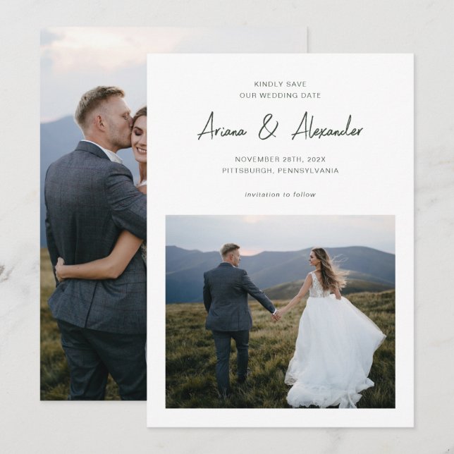 Simple Forest Green Script Photo Wedding Save The Date (Front/Back)