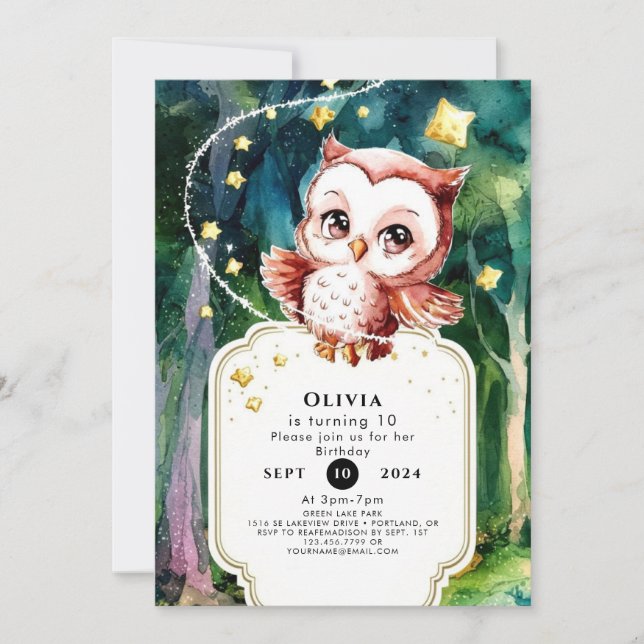 Simple Forest Owl Birthday Invitation (Front)