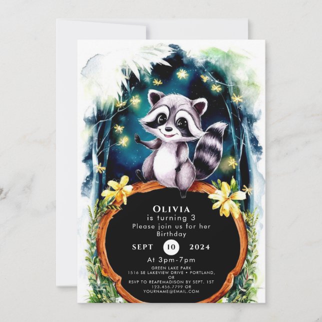 Simple Forest Racoon Birthday Invitation (Front)