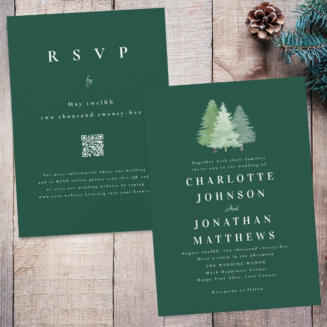 Simple Forest Woodland Green Wedding QR Code Invitation (Simple modern woodland forest green wedding qr code invitation Watercolor evergreen pine fir trees)