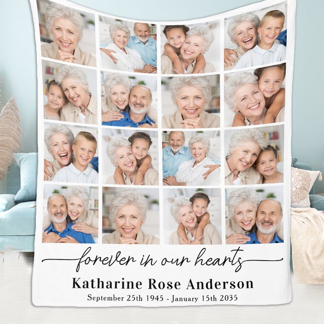 Simple Forever in our Hearts Multi Photo Memorial Fleece Blanket (Creator Uploaded)