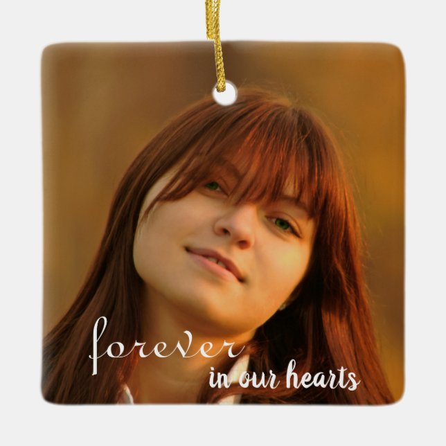 Simple Forever in our hearts Photo Memorial  Ceramic Ornament (Front)
