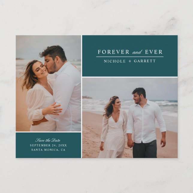 Simple Forever Two Photo Save the Date | Teal Announcement Postcard (Front)